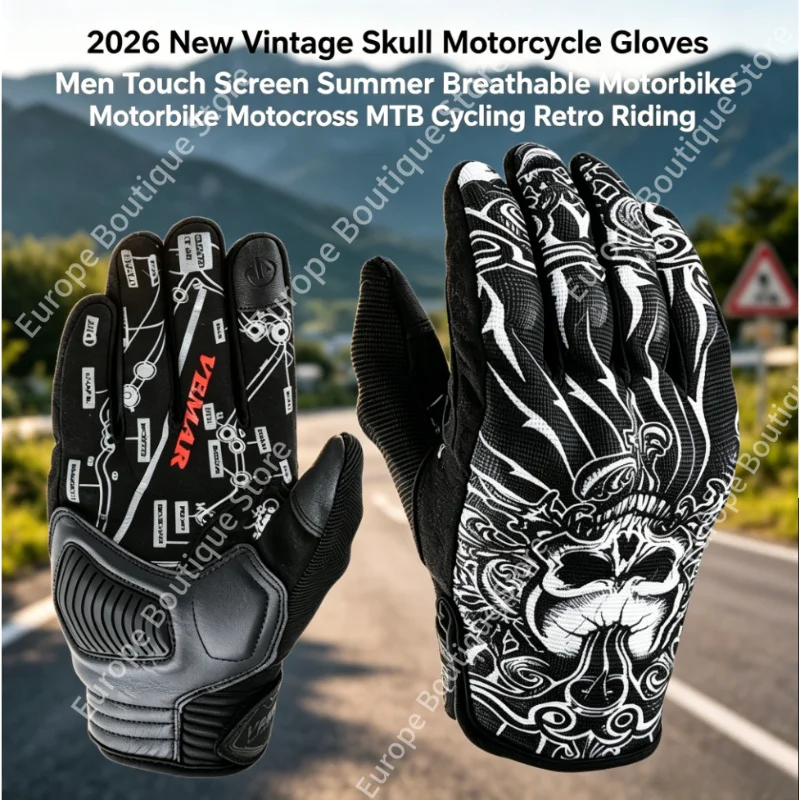 

2026 NEW Men Vintage Skull Summer Motorcycle Gloves Touch Screen Breathable for Motorbike Motocross MTB Cycling Retro Gloves