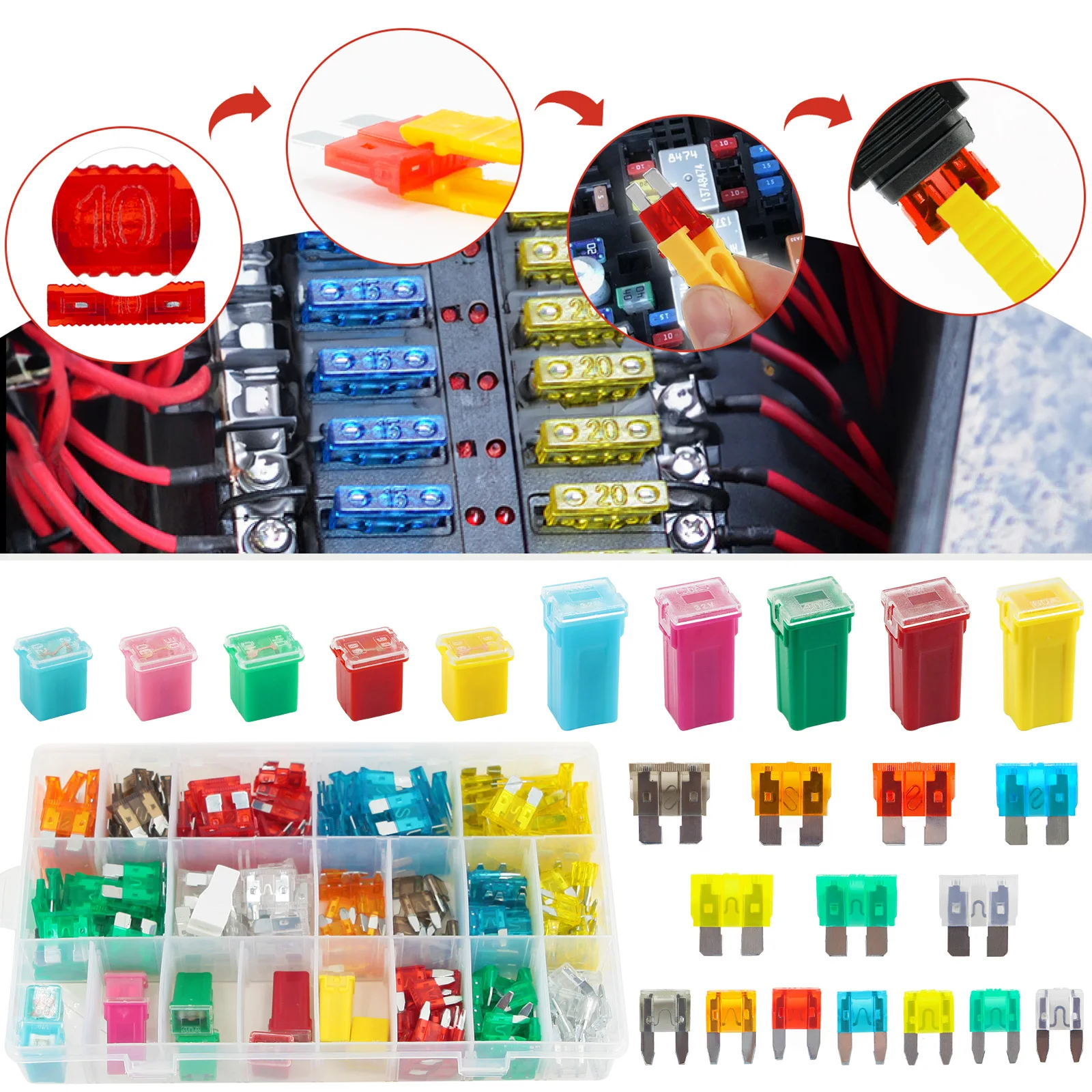 

306PC Car Fuses Assortment Kit & Add-a-Circuit Fuse Adapter Standard Mini Auto Portable Set Universal For Car Boat Truck SUV RV