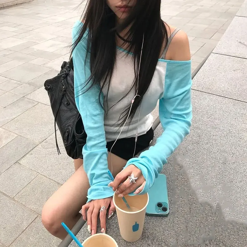 Y2K Clothing Patchwork T-shirt Women Aesthetic 2000s Skew Collar Long Sleeves Tops Autumn Vintage Harajuku Streetwear Tee Shirt