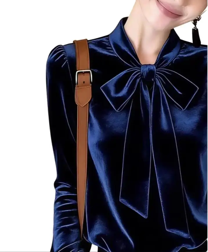 Elegant Long Sleeve Velvet Shirt Women's Slimming Top High-End Feelings Velour Blouse for Autumn Winter plus Size Commute