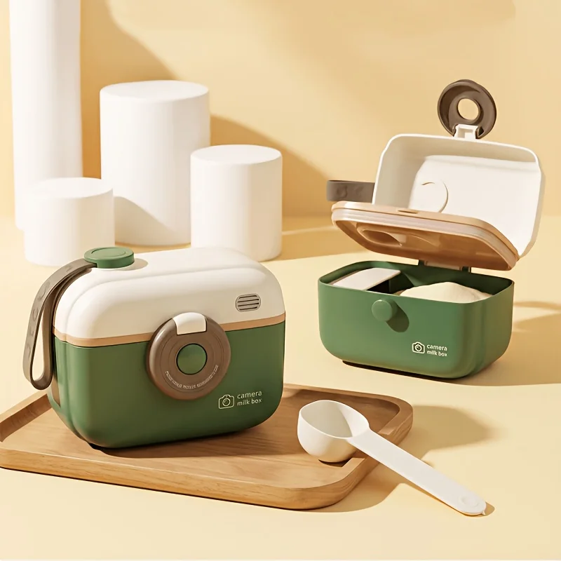 Large-capacity baby milk powder box with multi-layered milk powder compartments, equipped with a spoon detachable storage lid