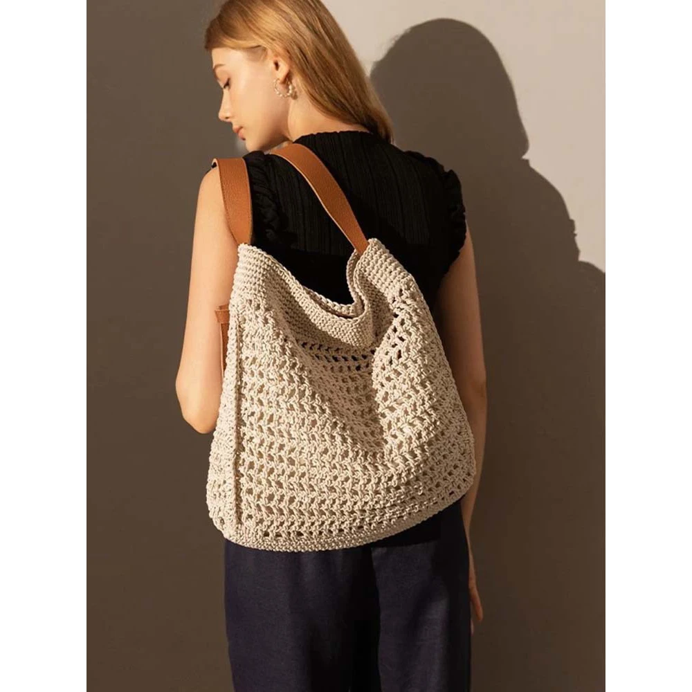 

Relaxing Holiday Feel Large Capaci Woven Hollow out Tote Bag PU Leather Wide oulder Strap Single oulder Crossbody Beach...