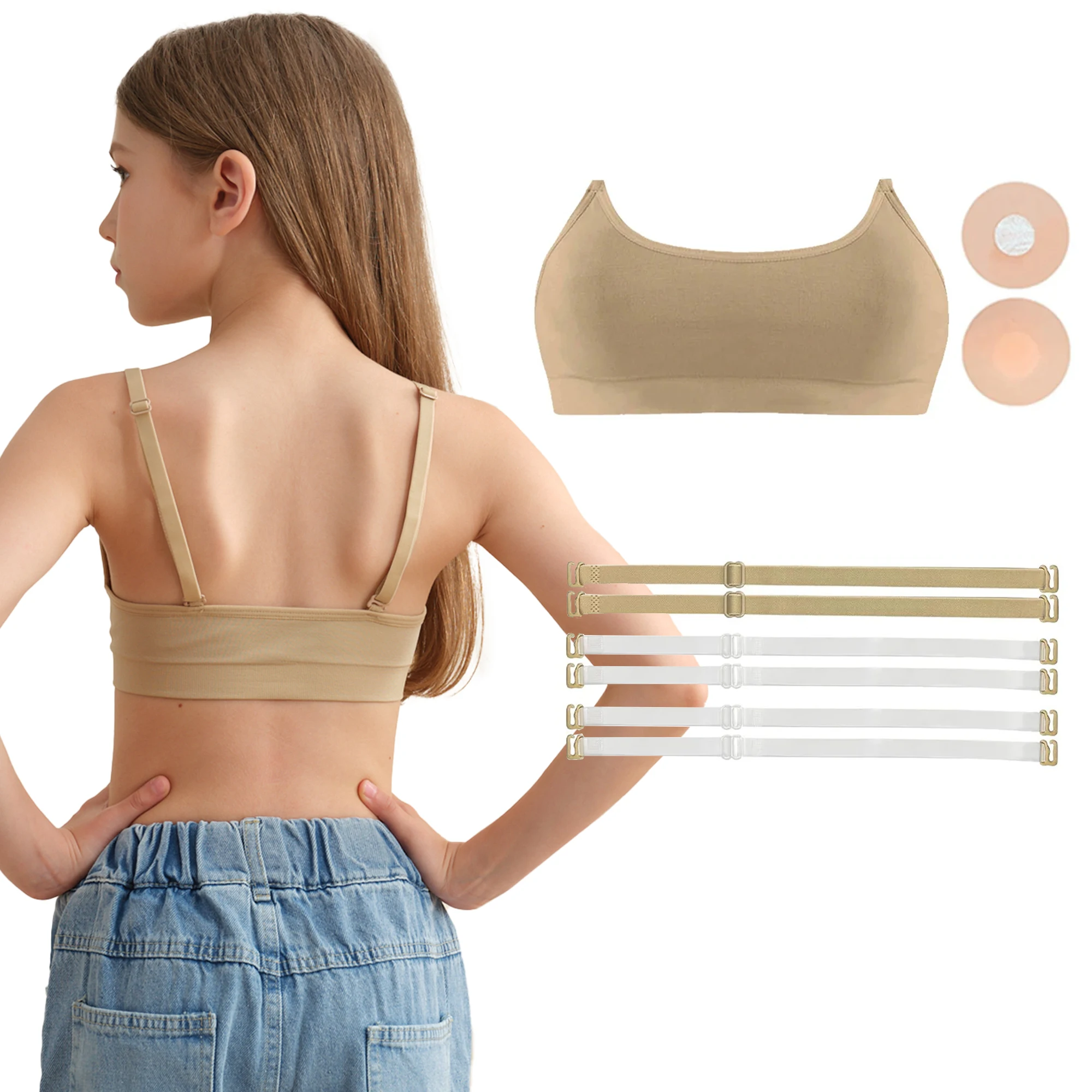 Girls Ballet Dance Seamless Bandeau Bra  Nude Seamsless Bra 2 Pairs of Clear Straps and Chest Pads Dance Bras