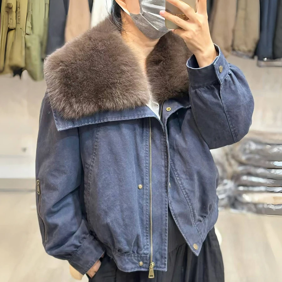 

Real Fur Down Jacket Woman Short Denim Jacket With Natural Fox Fur Collar Thick Luxury Winter Warm Goose Down Coats