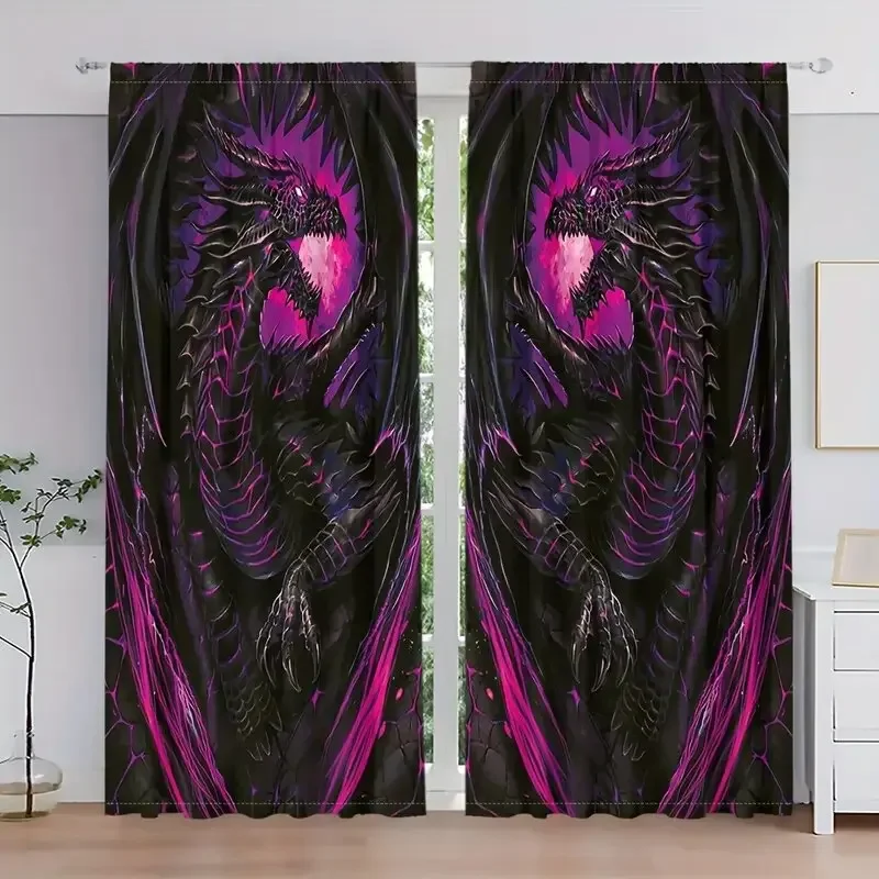 

2pcs Black Dragon with Purple Flame Print Polyester Curtains, Rod Pocket Blackout Thermal Drapes for Bedroom Living Room