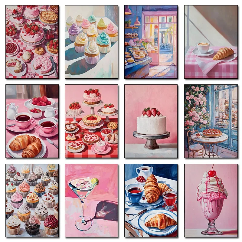 Pósteres e impresiones de comida dulce con macarons rosas y pastel de helado, pintura en lienzo, arte de pared, cuadro para decoración de cocina, tienda de postres o habitación