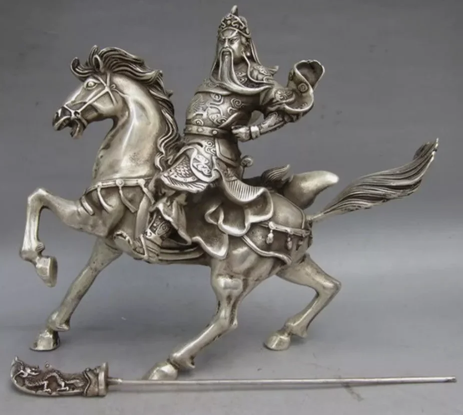 Ancient Tibet Silver Warrior God Guan Yu God Statue