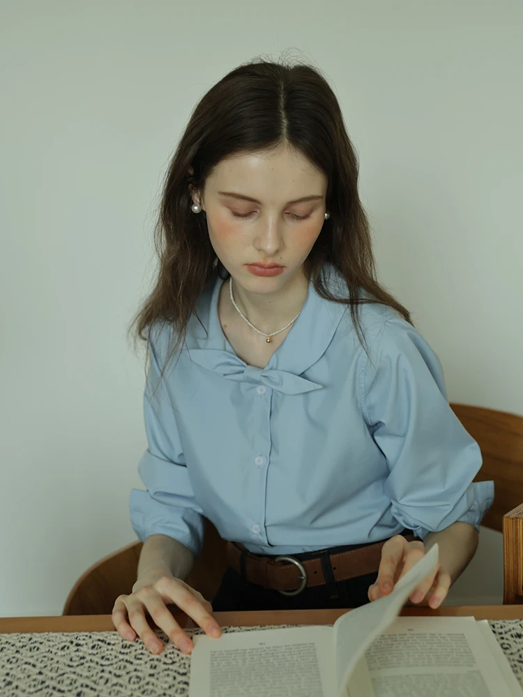 

Ретро-рубашка с узлом против морщин для женщин, новая весенняя модель, универсальная, длиной до плеч, из смесового хлопка и полиэстера