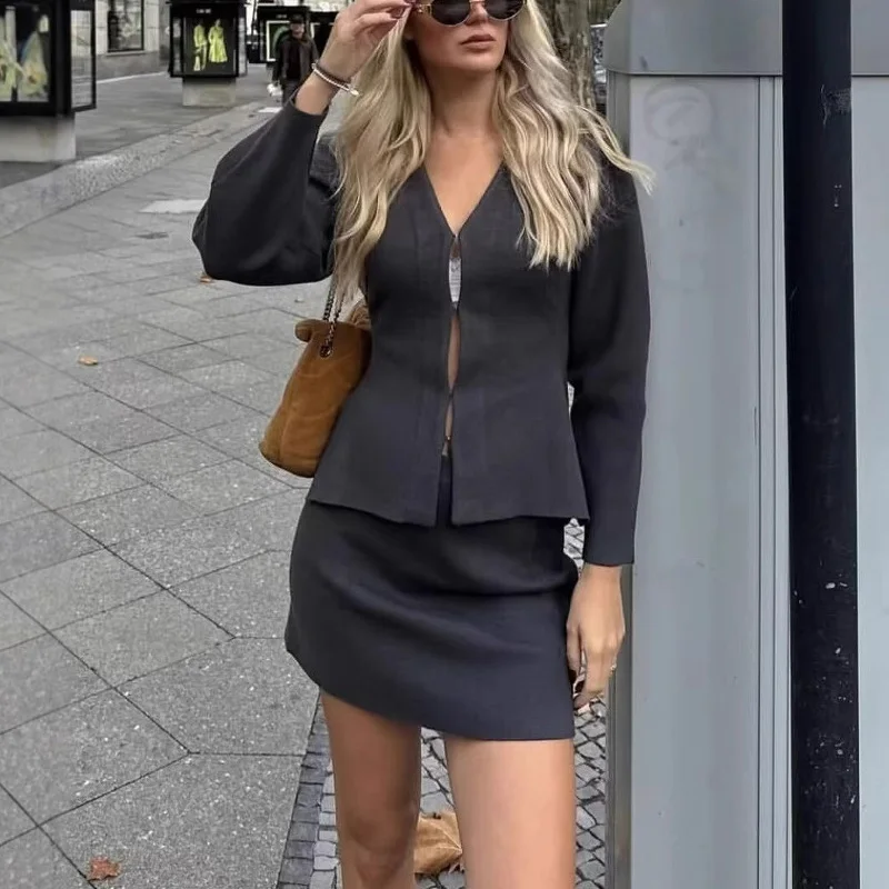 Elegant Knit Mini Skirt Set Women Slim Long Sleeve Single Breasted Shirt A-line Skirts 2024 Autumn Chic Street V-neck Outfits