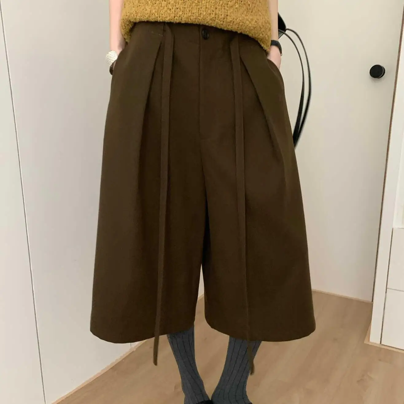 Winter black casual pants simple casual double-sided pocket wide-leg pants high-waisted micro-elastic cropped pants