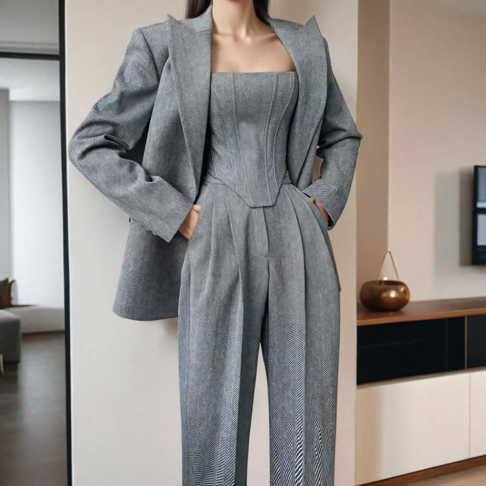 

Women Blazer Suit Coat Pants 3 Piece Sets Casual Solid with Fishbone Slim Tan High Wasit Trouser Korean Fashion Grey Lady Set