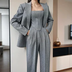 Women Blazer Suit Coat Pants 3 Piece Sets Casual Solid with Fishbone Slim Tan High Wasit Trouser Korean Fashion Grey Lady Set