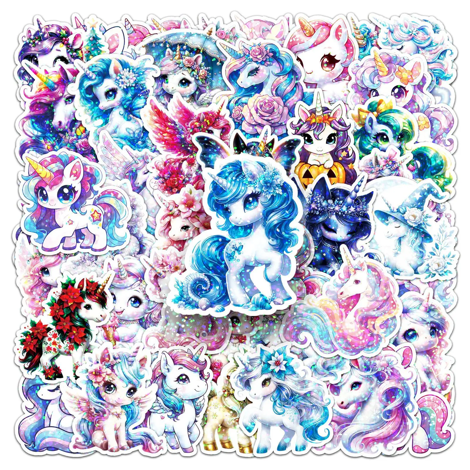 

50PCS Flash Film Laser Unicorn Stickers DIY Cute Cartoon Animal Phone Computer Stationery Notebook Waterproof DecorationStickert