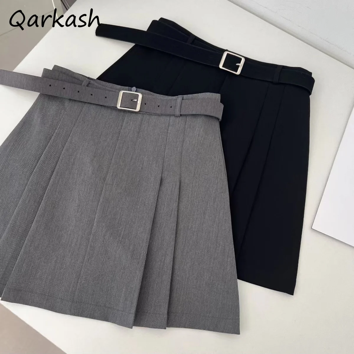 Pleated Skirts Women Sexy OL Mini High Waist Korean Style Anti-exposure A-line Summer New Students Belt Design Casual Elegant