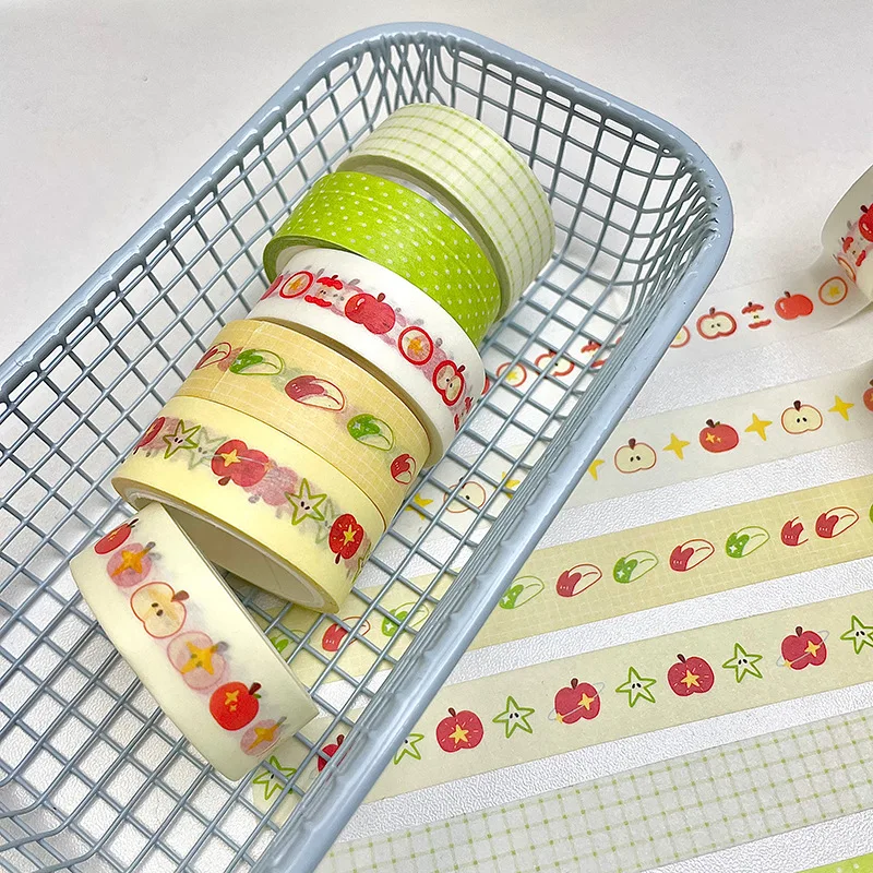 6Pcs Cute Apple Washi Tape Set Green Dotted Grid Masking Tape for Journal Scrapbooking DIY Stationery Decor