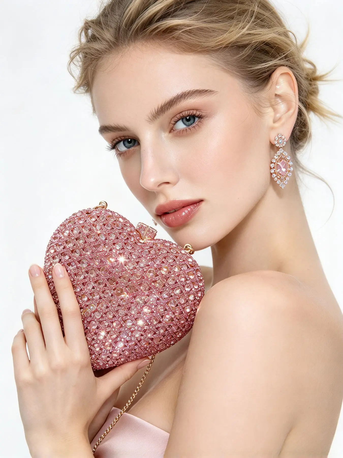 Plaid pink heart diamond dinner bag solid color full diamond clutch bag dress love rhinestone women's bag
