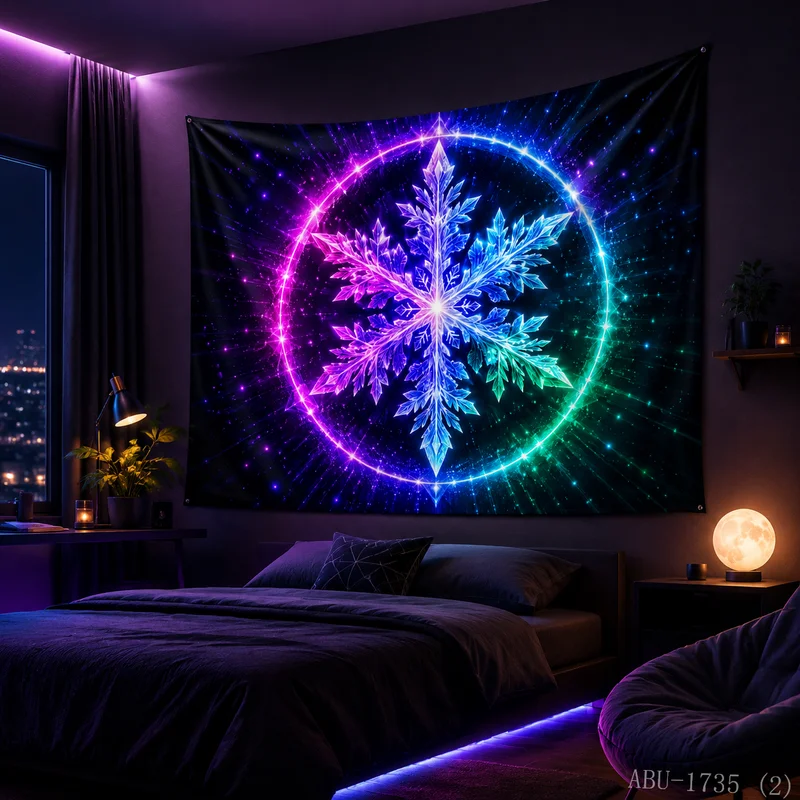 VIKAMA Neon Rainbow Halo Snowflake Black Starry Radiant Ring Crystal Ice Art Christmas Tapestry Wall Hanging Bedroom Living Room