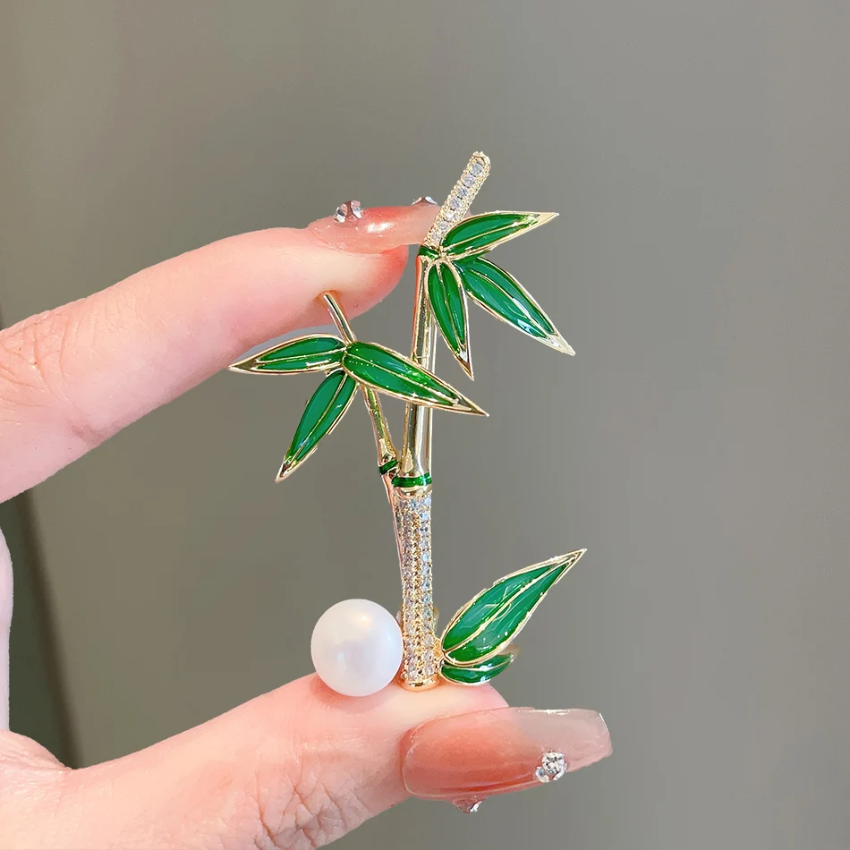 Elegant Creative Crystal Pearl Bamboo Leaf Women's Brooches Vintage Plant Crystal Enamel Pin Badges Corsage For Lady