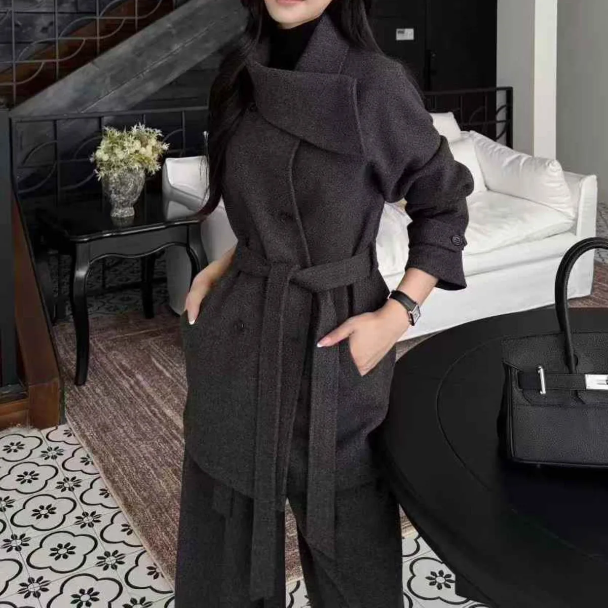 BJTZ-Chaqueta de Tweed gruesa para mujer, abrigo corto, chaqueta informal con cinturón y solapa de gran tamaño, ropa elegante de oficina de lujo de alta calidad, 2025