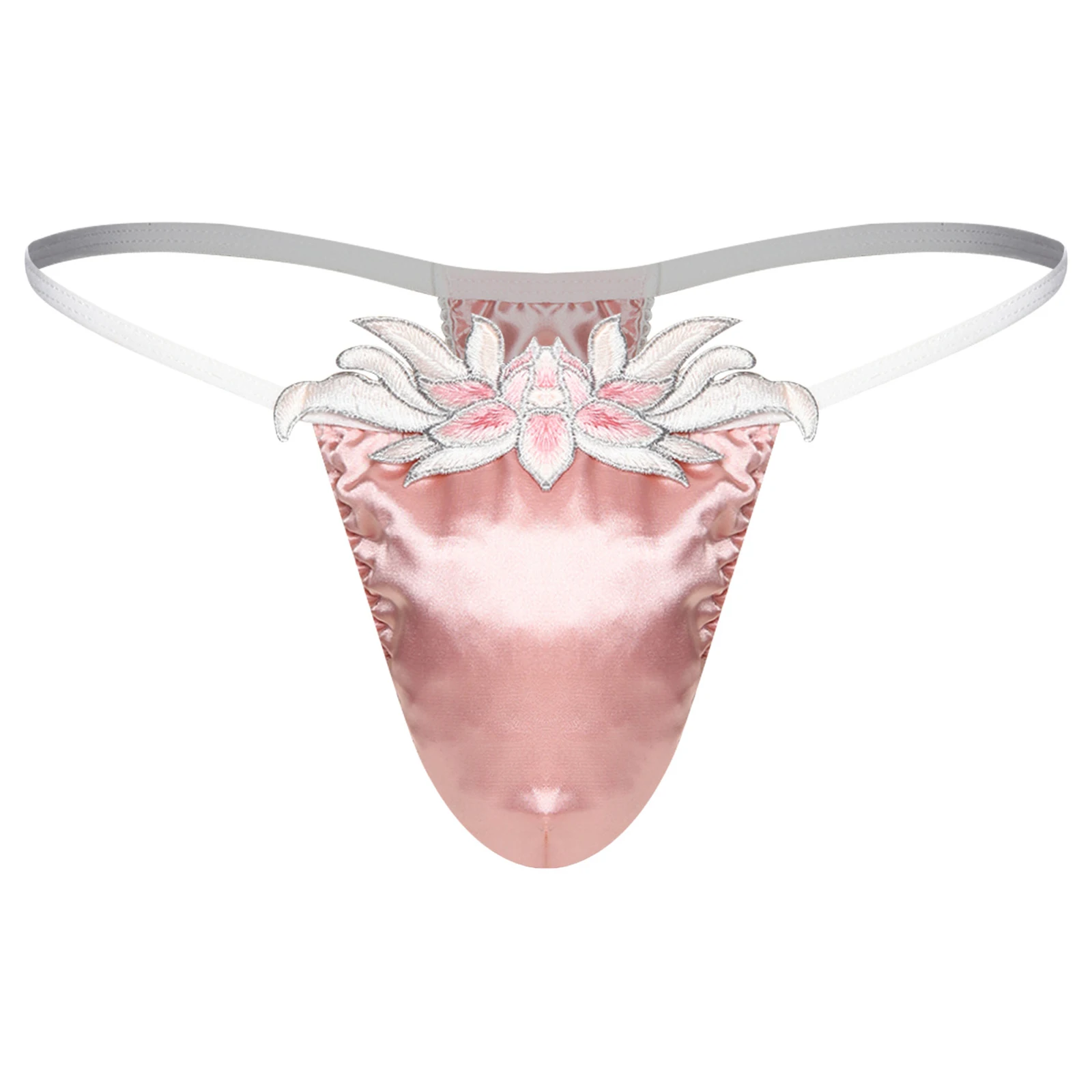 

Low Rise T Back Thong for Men Floral Embroidery Patch Spaghetti Straps Stain Pouch Micro Briefs Lingerie for Night Couple Dating