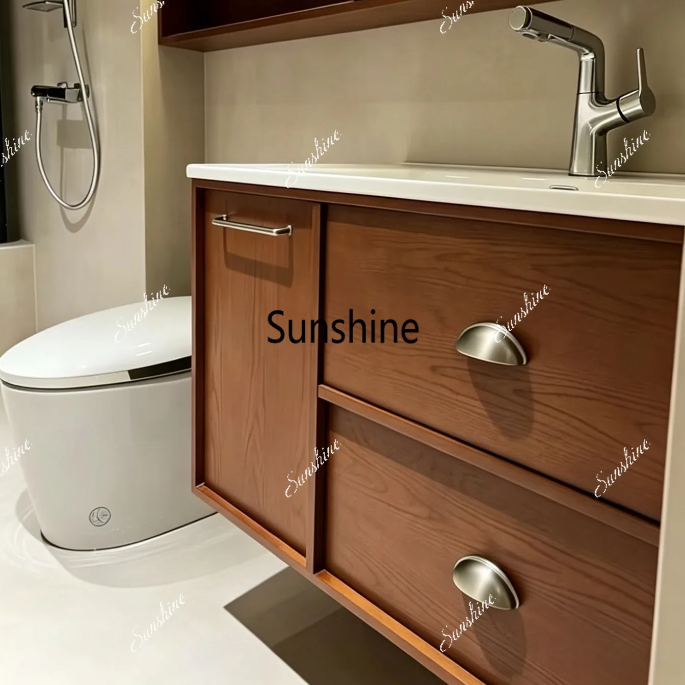 Ceramic integrated basin Solid wood paint Bathroom cabinet Wash basin Antique walnut