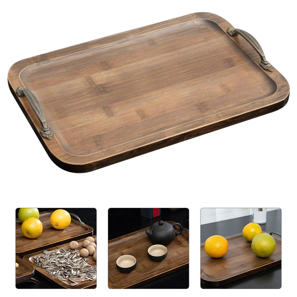 

Metal Handle Bamboo Tray Rectangular Food Serving Tray for Home Snack Fruit Bread Dessert Cake Storage Stand Bamboo Tableware