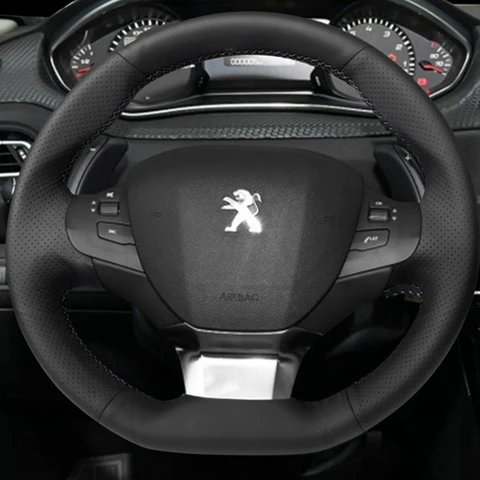 DIY Черный кожаный чехол на рулевое колесо для Peugeot 308 2014-2017 Кожаная обертка рулевого управления из микрофибры Автомобильные аксессуары