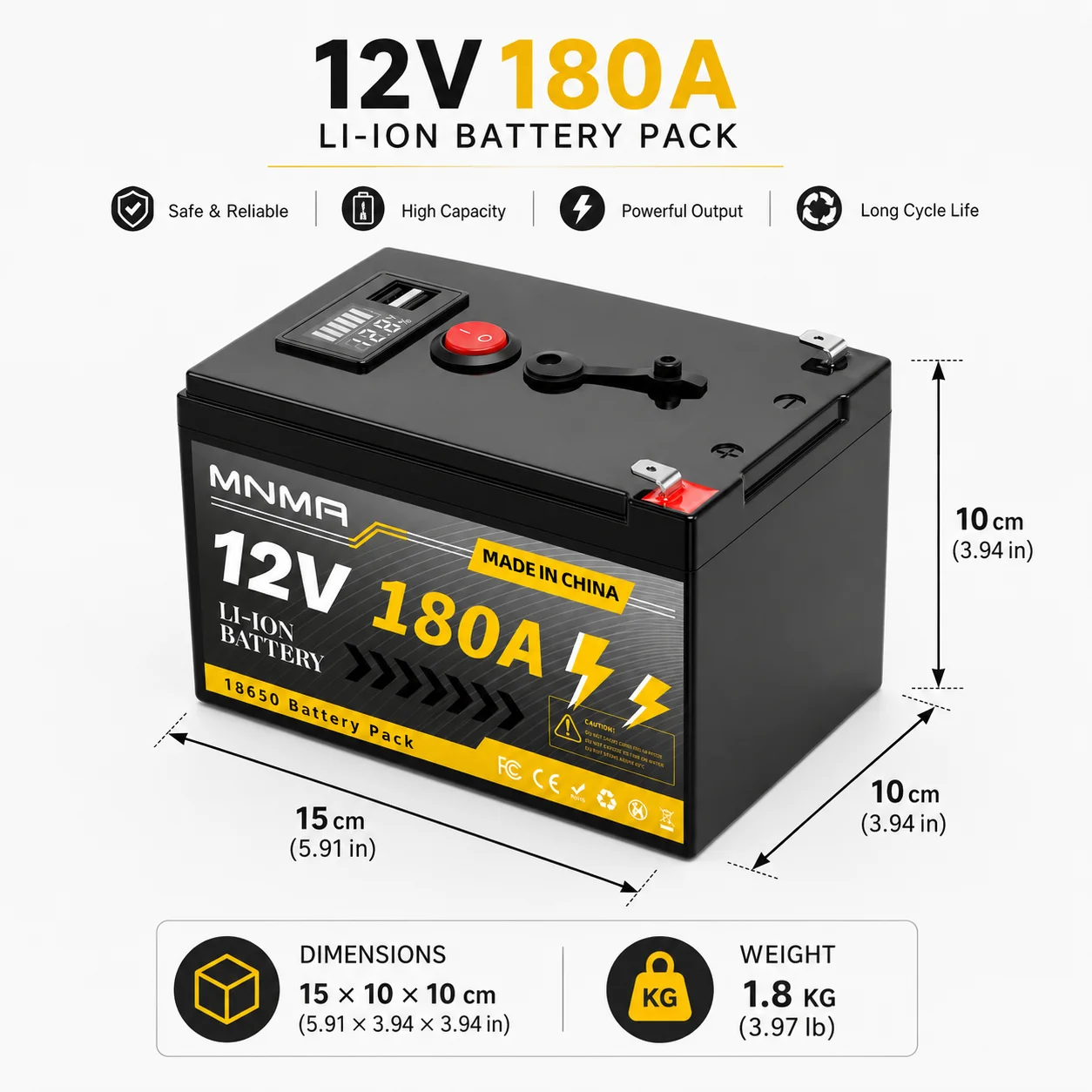 12V 180Ah 18650 Lithium Ion Battery Rechargeable Storage Battery Deep Cycle Battery for Solar System RV Camper Boat