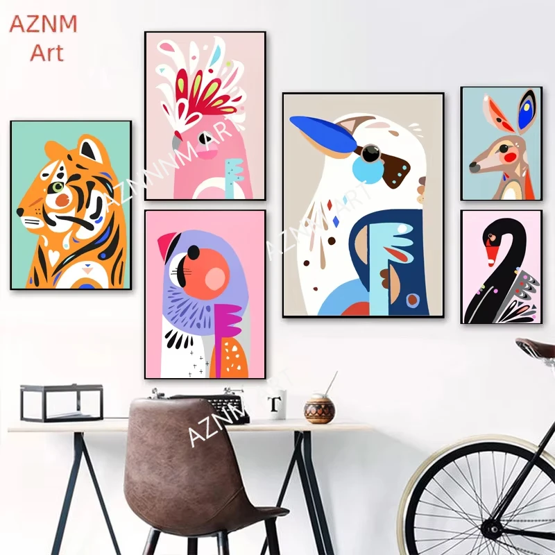 Colorful Tigher Koala kangaroo Bird Swan Wall Art Canvas Painting Nordic Posters And Prints Wall Pictures For Living Room Decor