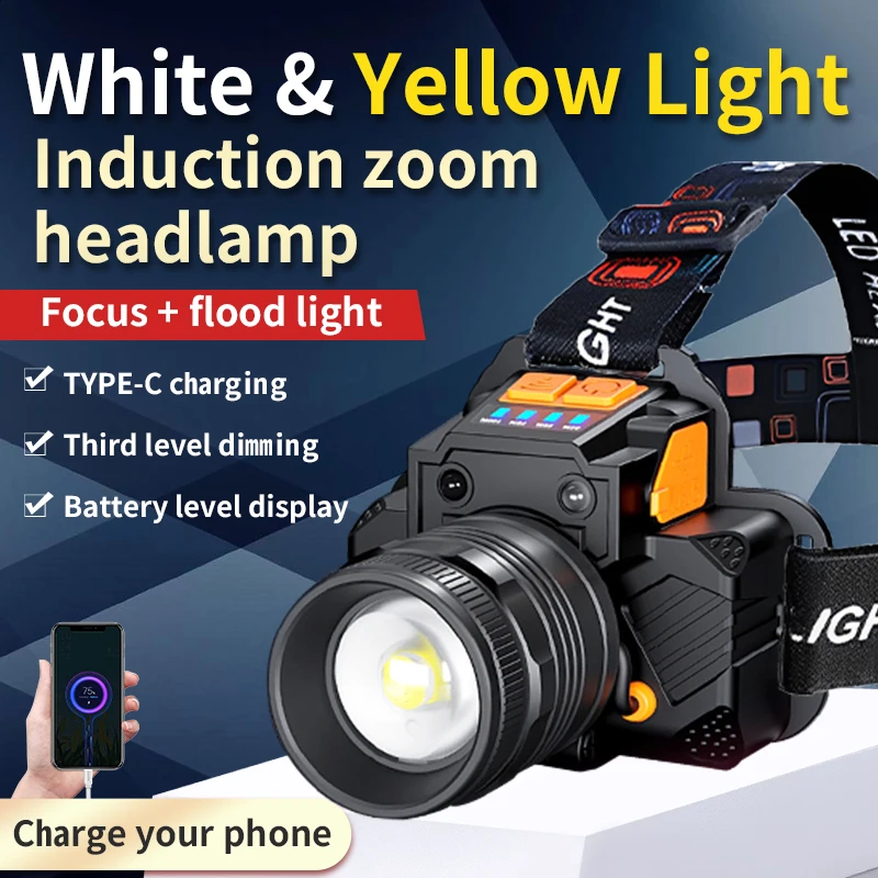 

Multifunctional LED induction headlight rotating zoom head mounted mining lamp outdoor yellow and white lighting T50