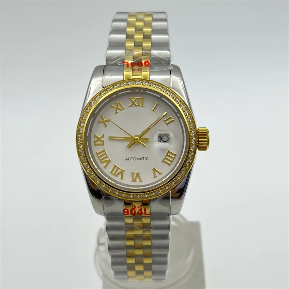 

Женские часы с бриллиантами, механизм NH05, 31 мм, серебряный и золотой корпус, браслет, сапфировое стекло, солнцезащитный фиолетово-серый циферблат, римский индекс