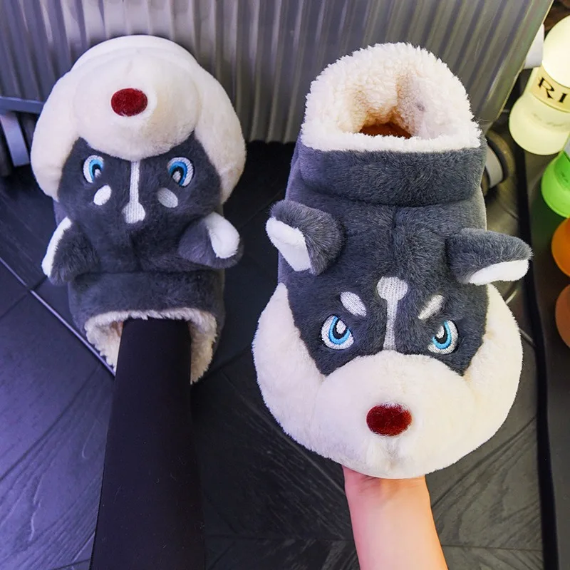 Women Indoor Cotton Slippers Cute Cartoon Dog Winter Warm Shoes Couples Home Floor Slides Anti-slip Female Male House Footwear