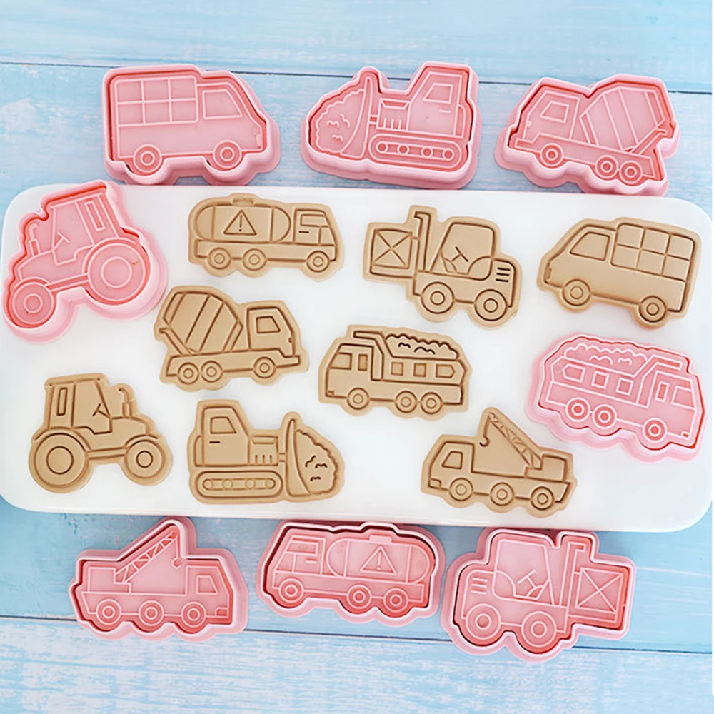 8Pcs Traffictool Cars Cookie Cutters Plastic Embosser Cookie Molds Kids Birthday Party Baking Stamp Decor Supplies Baby Shower