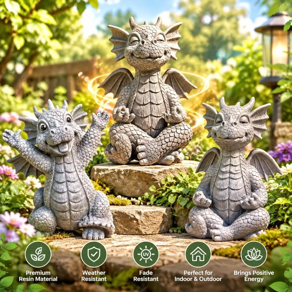 Meditating Yoga Dragon Figurine Resin Handmade Zen Dragon Meditation Statue Feng Shui Garden Decoration Namaste Dragon Yard Art