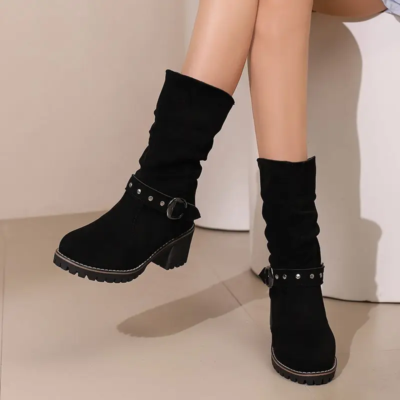 

Замшевые женские ботинки Girseaby из флока до середины икры с круглым носком на блочном каблуке 6,5 см, без шнуровки с пряжкой на ремне, большой размер 43 44 45, элегантная повседневная обувь