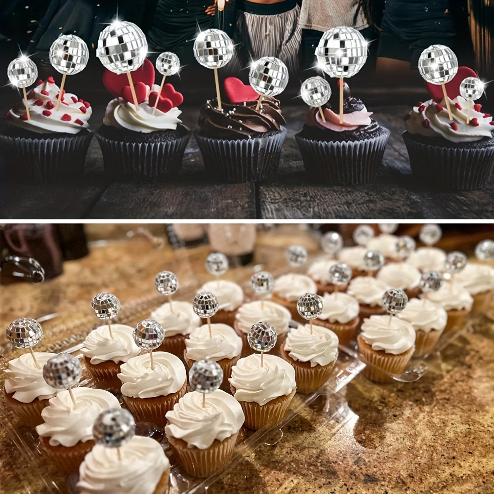 10 Stück 3cm Silber Rosa Discokugel Cupcake-Topper Disco-Thema Kuchendekoration Spiegelkugel mit Holzstab Feiertagsparty-Requisiten – Detail 6