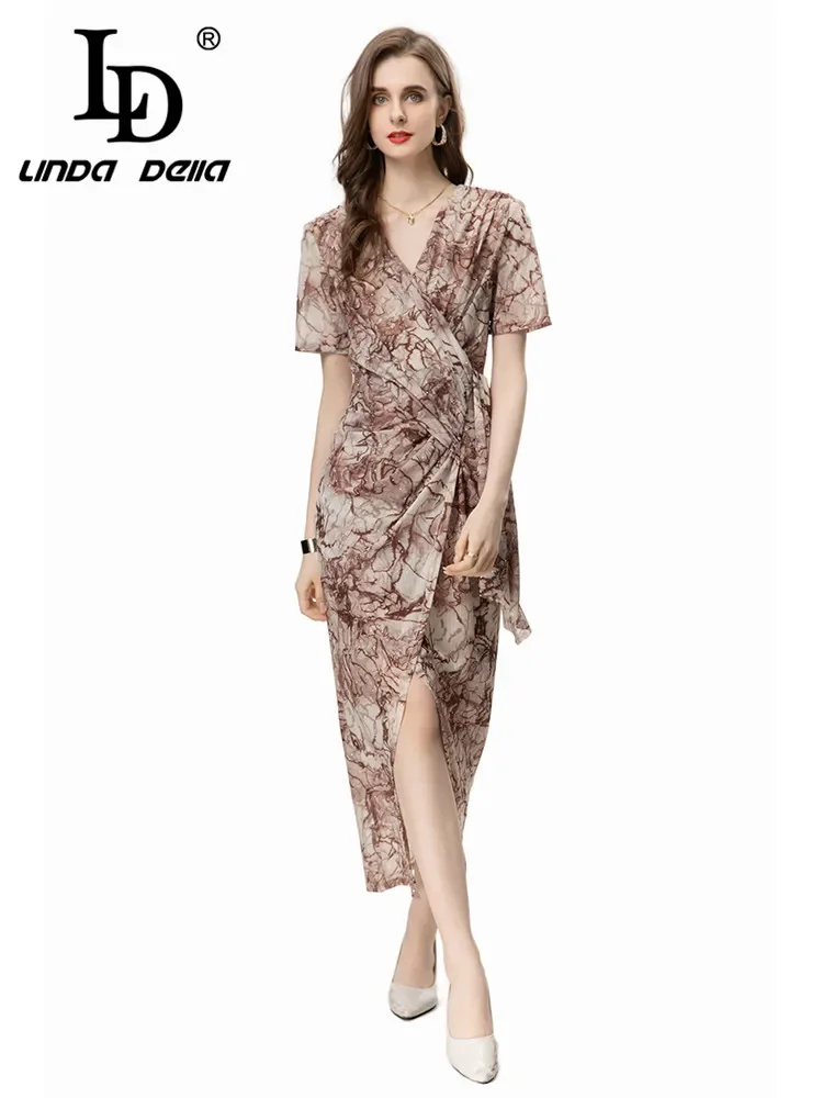 

LD LINDA DELLA Summer Runway Vacation Dress Women's Vintage Floral Print Lrregular Nail Bead Ruched Side Split Sexy Dresses