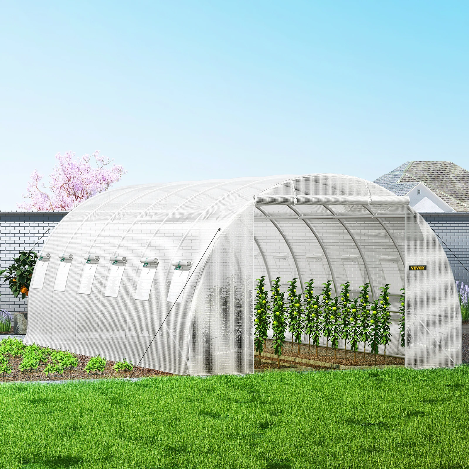 VEVOR 20 x 10 x 7 ft Walk-in Tunnel Greenhouse Portable 3 Top Beams Diagonal Poles 2 Zippered Doors & 12 Roll-up Windows White