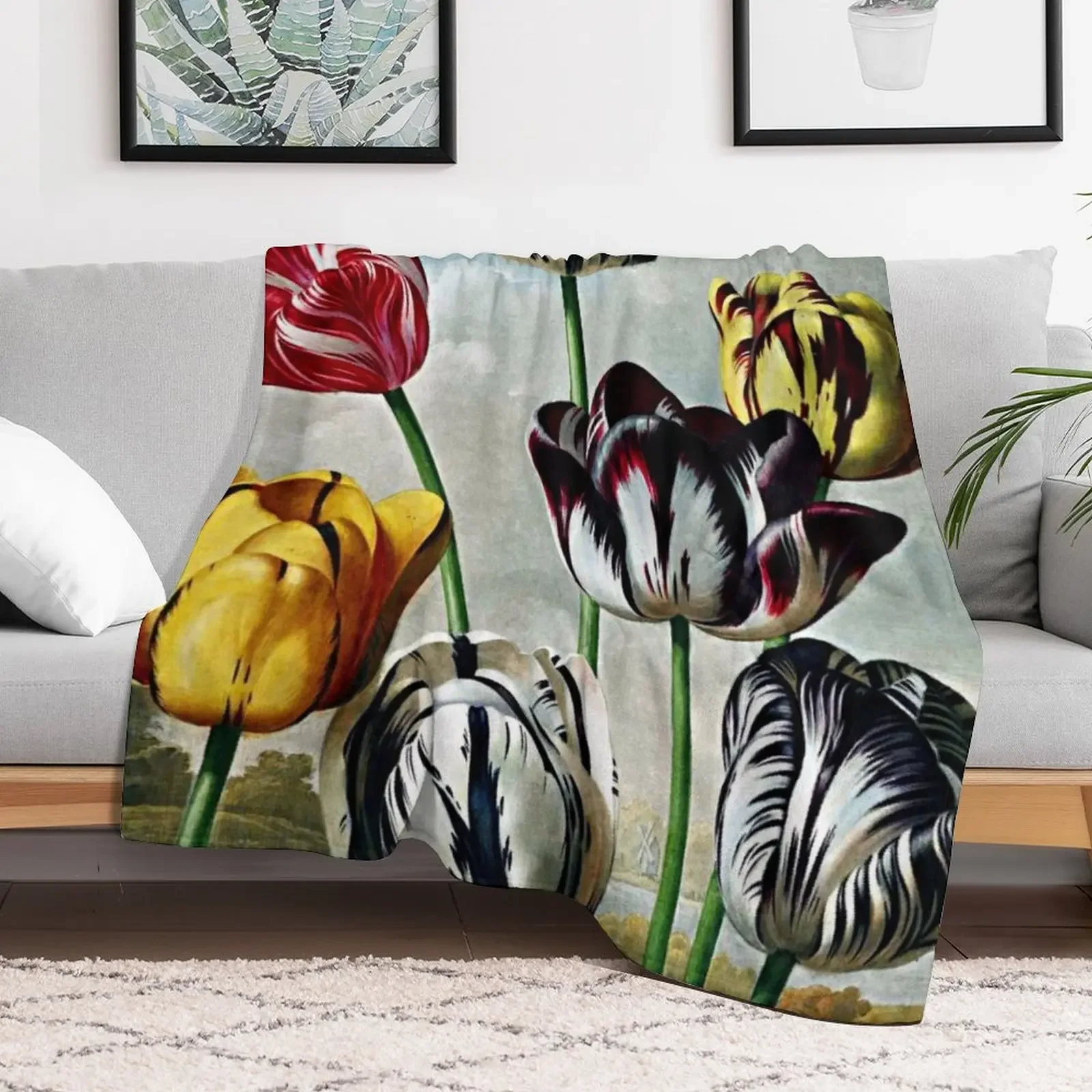 Botanical Art Temple Of Flora Tulips Throw Blanket Soft Comfort Blanket for Reading Watching TV