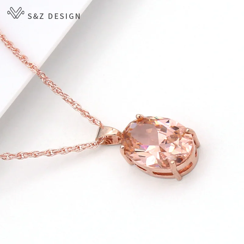 S&Z DESIGN New Fashion Oval Egg Shape Cubic Zirconia Pendant Necklace For Women Wedding 585 Rose Gold Color Party Jewelry