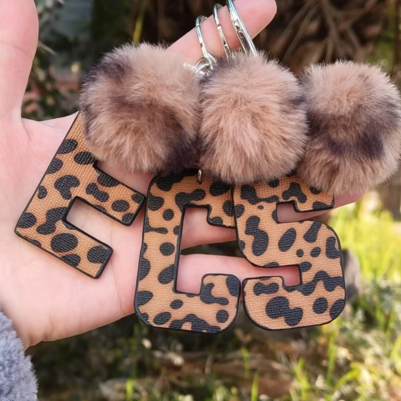 Leopard Initial Keychain Cheetah Print Letter Keyring Faux Fur A-Z Bag Charm Monogram Alphabet Puff Ball Purse Accessory Set