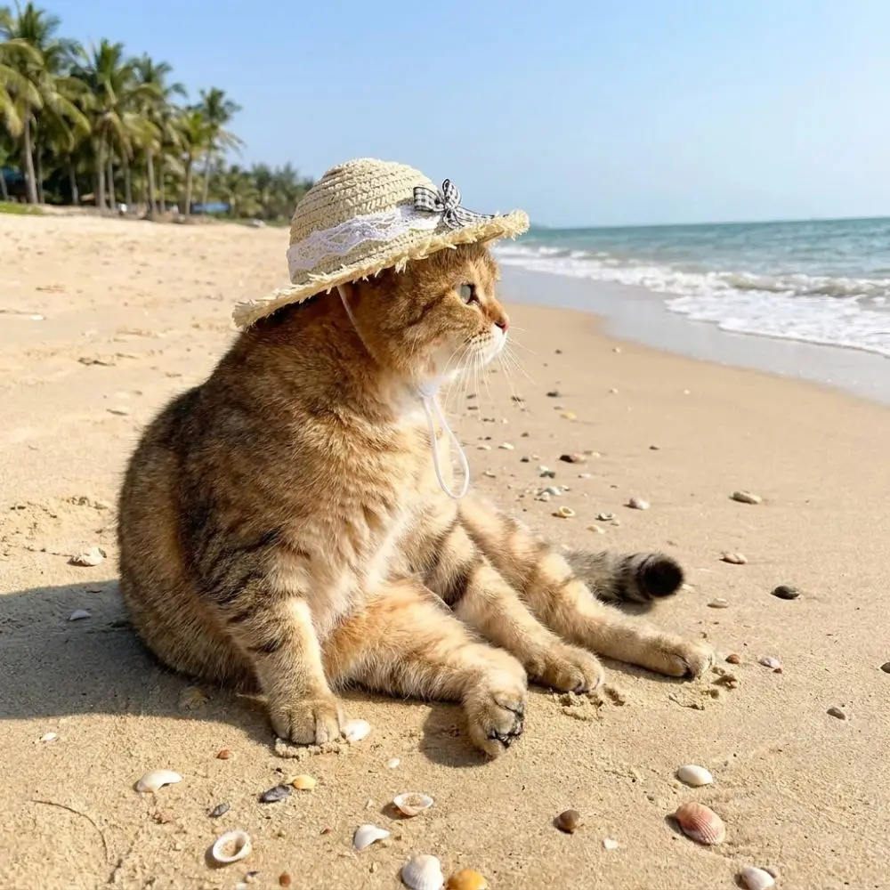 Breathable Pet Lace Bow Hat Adjustable Chin Strap Hand Knitting Pet Sunscreen Hat Sun Protection Cat Straw Hat Party Decoration