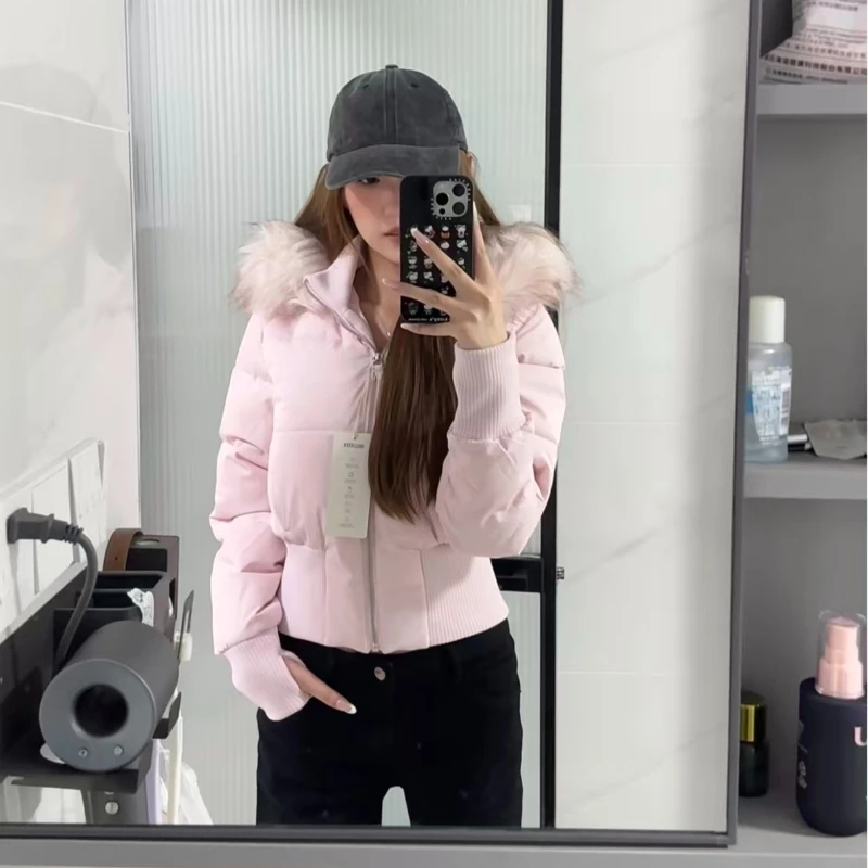 

Высококачественные розовые парки с капюшоном, женские зимние милые корейские пуховые пальто с воротником из искусственного меха, зимняя верхняя одежда с хлопковой подкладкой, новинка