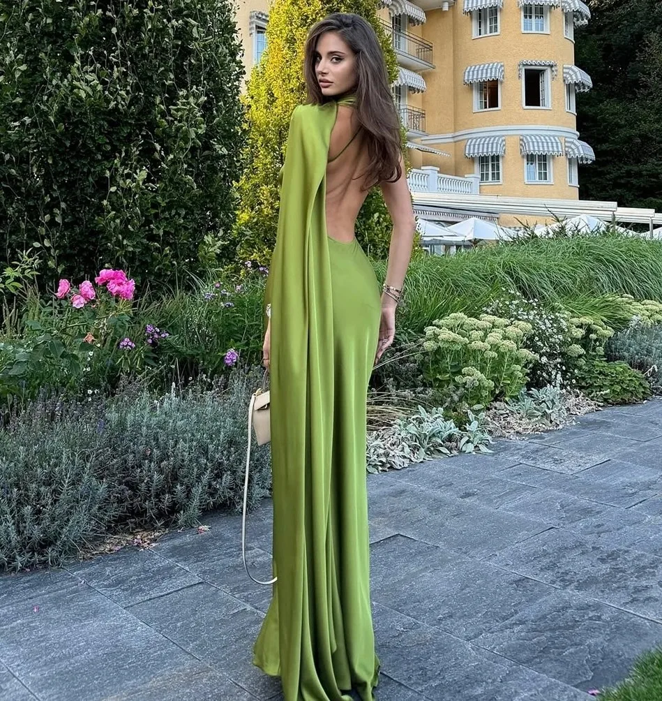 فستان مثير للحفلات المسائية باللون الأخضر مع رسن بدون ظهر من الساتان حورية البحر طويل للحفلات الراقصة الرسمية لعيد الميلاد رداء السهرة