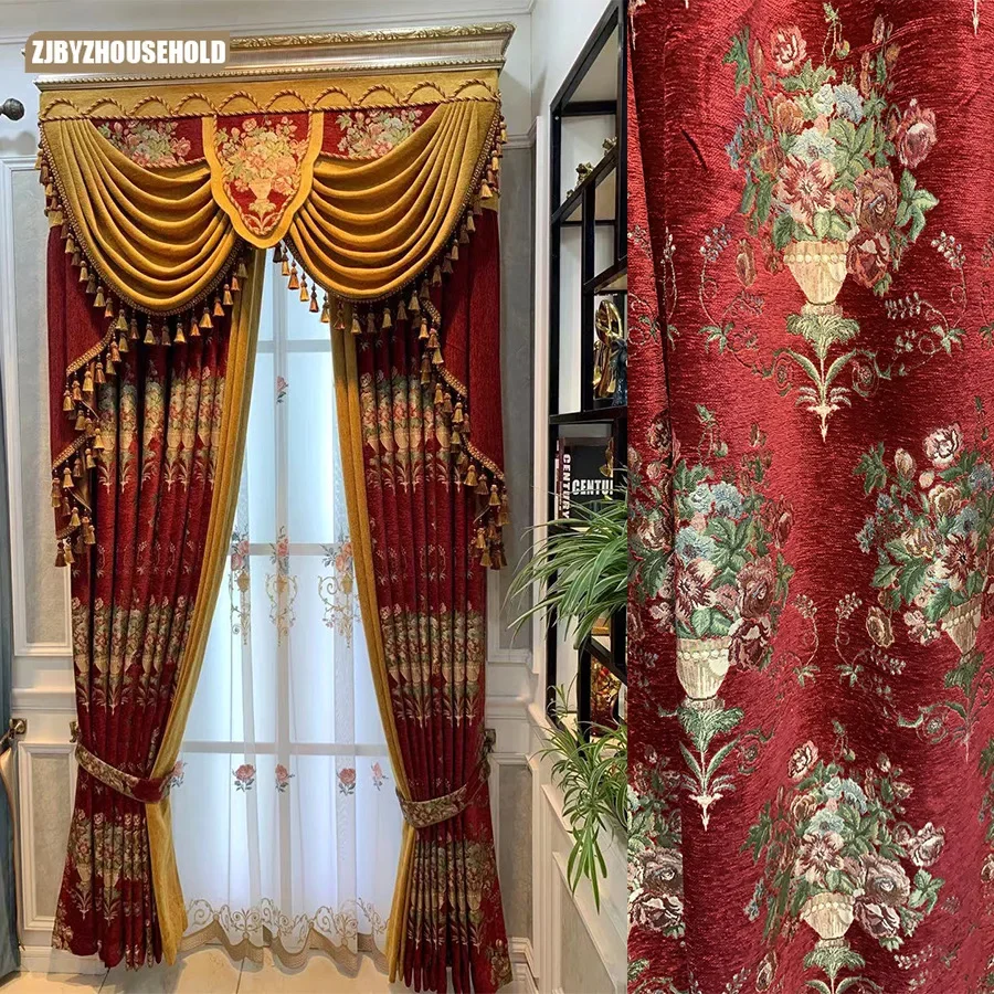 

European Luxury Curtains for Living Room Bedroom Dining Chenille Jacquard Thickened Red Valance Elegant Custom Embroider Tulle