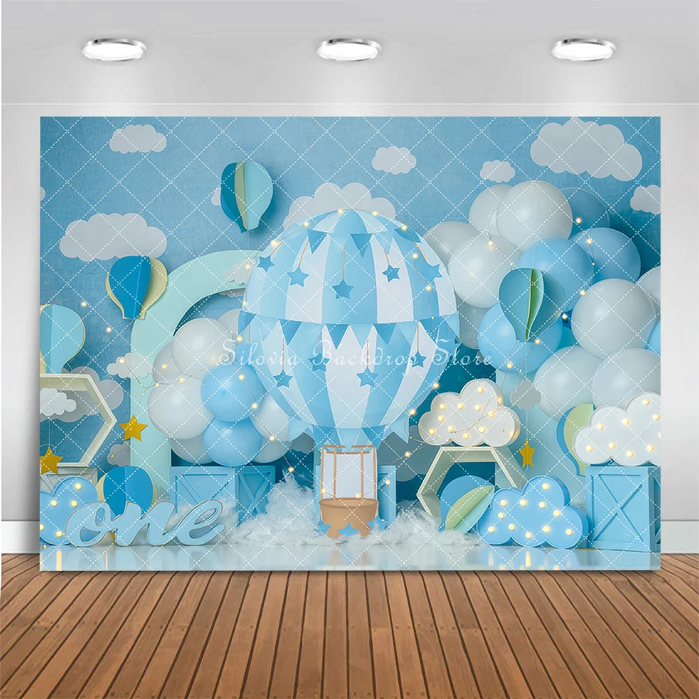 Blue Hot Air Balloon Adventure Photography Backdrop Boy Birthday Cake Smash Photo Background Up We Go Photo Studio Props