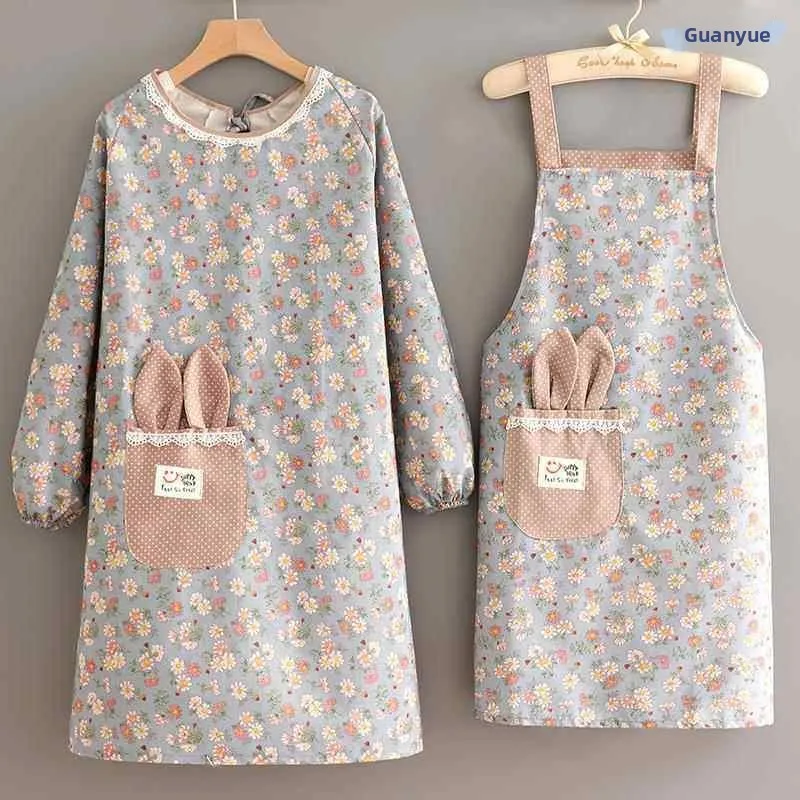 

Faionable Korean Sle Long Sve Apron ex Canvas Oil Resistant Waterproof Kitchen Workwear Dining Service Apron