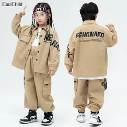 Boys Street Dance Loose Jacket Khaki Cargo Pants Girls Hip Hop Shirt Clothes Sets Child Joggers Kids Streetwear Jazz Costumes