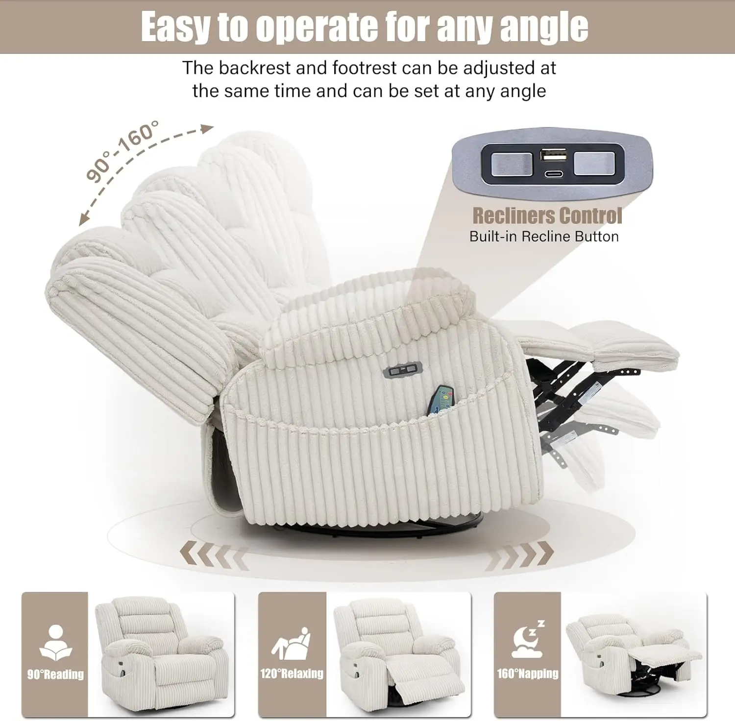 [وصول جديد! ]كرسي كرسي هزاز دوار للطاقة للبالغين مع التدليك والحرارة ومنفذ شحن USB وType-C، وضعية لا نهائية