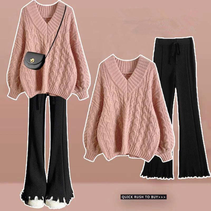 2023 Autumn Winter New Women Mathcing Sets Korean Lady Casual Sweater Black Pants Suits V-Neck Knitted Tops Trousers Outfits